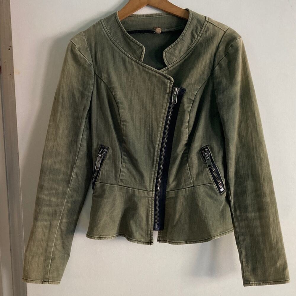 Free People Sz 8 Military Utility Jacket Peplum Cotton Stretch Asymmetrical Zip